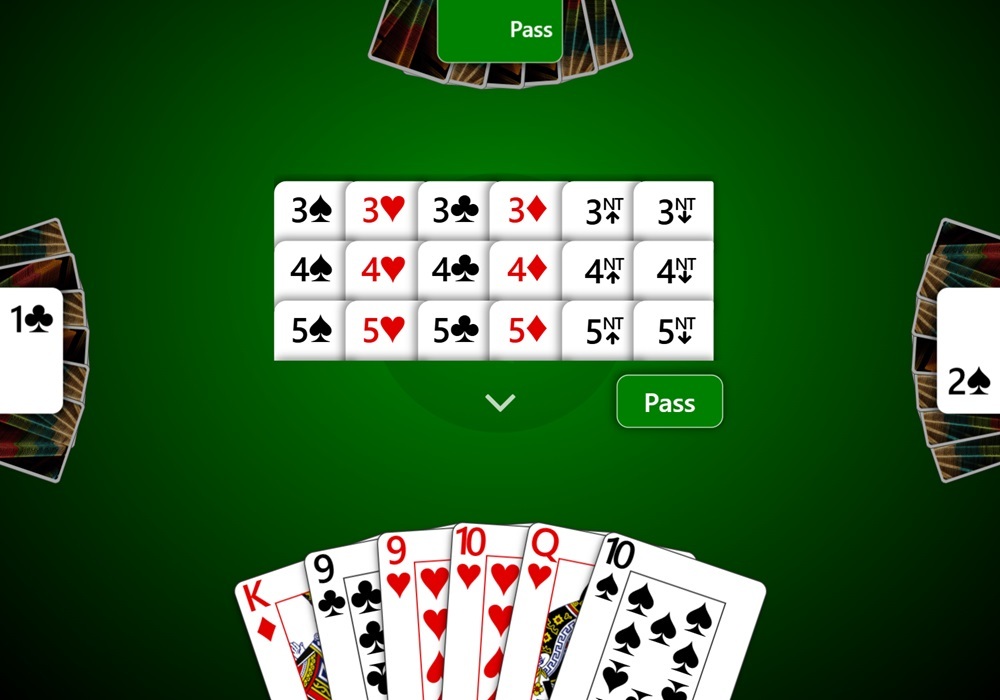 Screenshot of a game of Bid Euchre during bidding in Trickster Euchre. The player is given options to bid three or more tricks in a suit or no trump (either up or down). Their left hand opponent opened with 1C and their right hand opponent raised them with 2S.