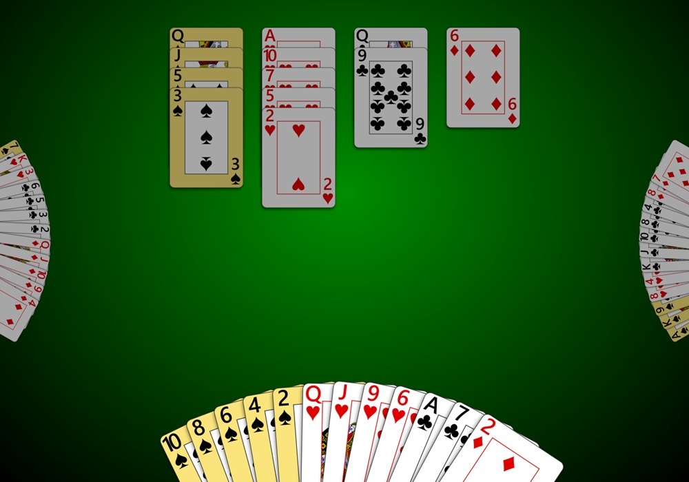 Screenshot of a game of Trickster Bridge with the dummy revealed and ALL hands displayed face-up. This demonstrates the 'Show all hands' game rule that can be used to help practice and teach other players.