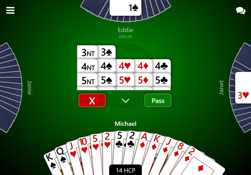 Screenshot of a Trickster Bridge game during bidding. You can see four players with the South hand face-up, showing 14 HCP. A bidding box is displayed for choosing bids and the bid history is displayed for other players.