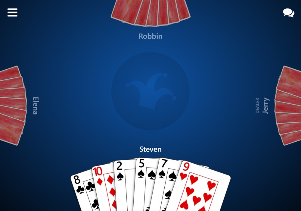 Screenshot during a hand in Trickster Cards. The local player's hand is displayed face-up and all other players' hands are face-down. The interface fills the entire screen without any distractions like banner ads.