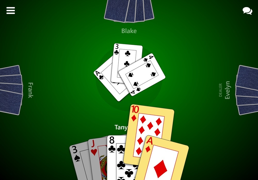 Screenshot of a trick in a game being played in Trickster Cards. The player has selected a trump card and is getting ready to play it to the trick.