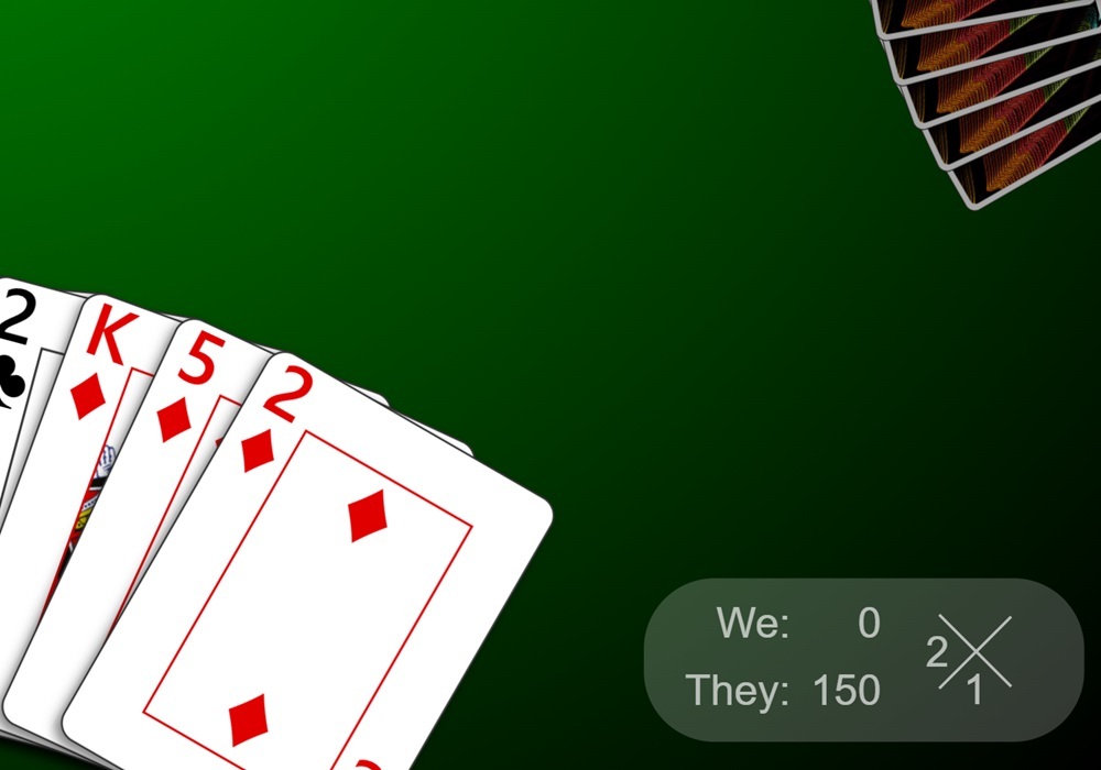 A zoomed-in screenshot of a game of Chicago Bridge being played in Trickster Bridge. It shows the current scores for the 'We' and 'They' teams as well as the 'X' indicating the current hand.