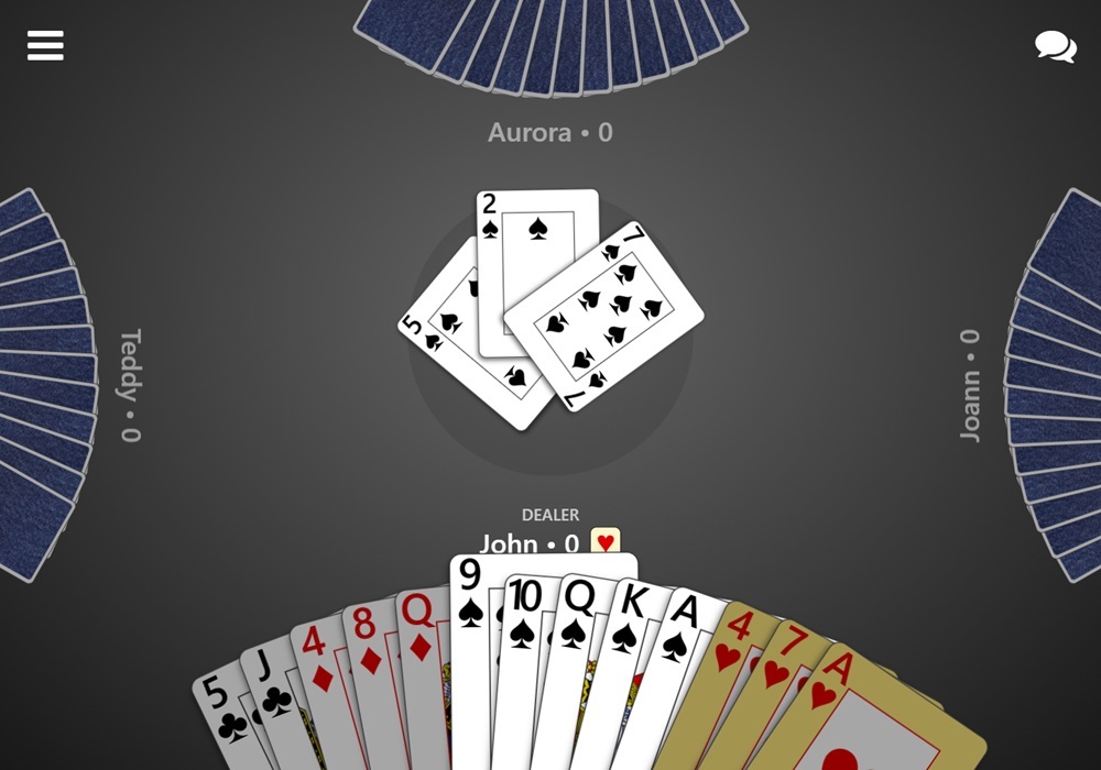 Screenshot of an in-progress trick in a game of Classic Whist being played in Trickster Cards. Spades were led, two other players have played, and now the local player must choose a Spade from their hand.