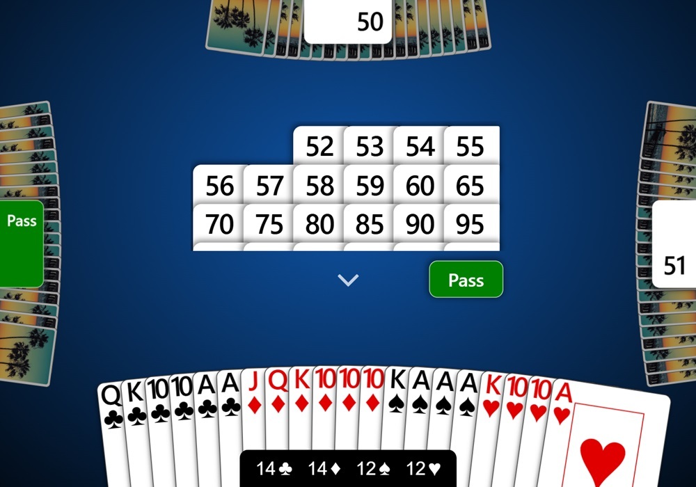 Screenshot of bidding options for double deck Pinochle in Trickster Cards. Modern scoring is being used, partner opened bidding at 50, the player to the right bid 51, and the bidding options now start at 52.