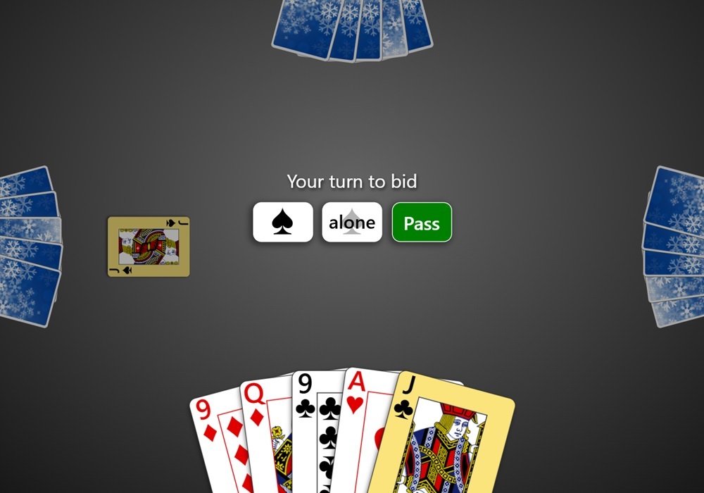 Screenshot of a game of Euchre during bidding in Trickster Euchre. The player is given options to choose Spades, go alone, or pass.