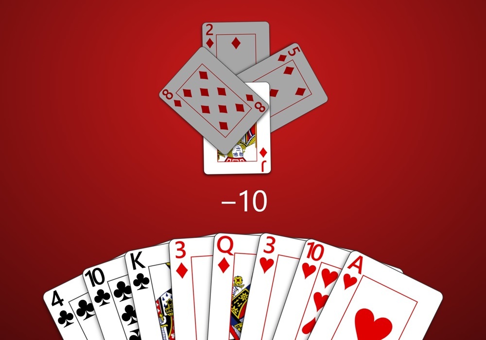 A zoomed-in screenshot of the trick and local player's hand in a Hearts game in Trickster Cards. The player just took the trick with the Jack of Diamonds and a '-10' is displayed below it showing this subtracted ten points from the player's score.'