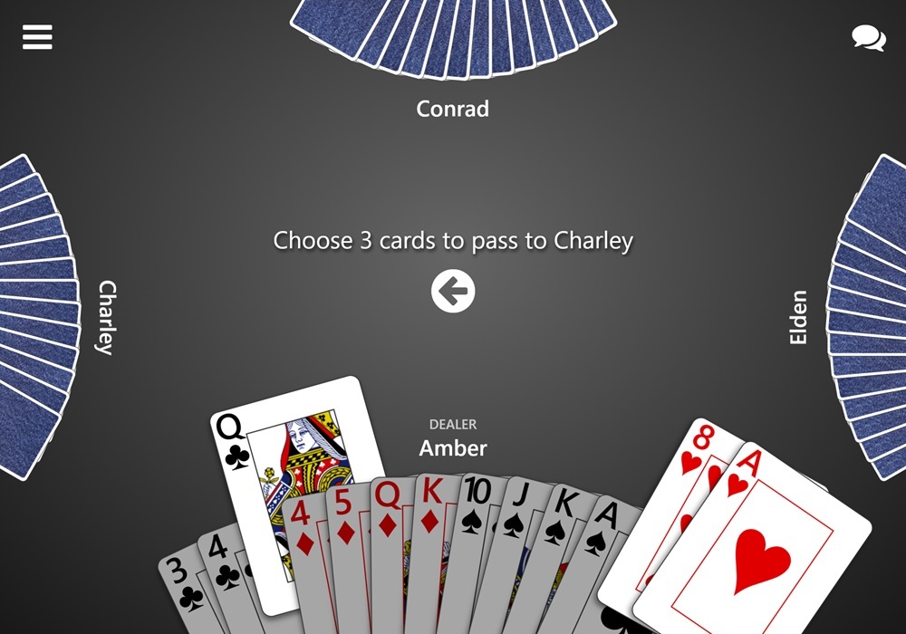 Screenshot of the passing phase of a game of Hearts in Trickster Cards. The player is being prompted to choose 3 cards to pass and has selected them.