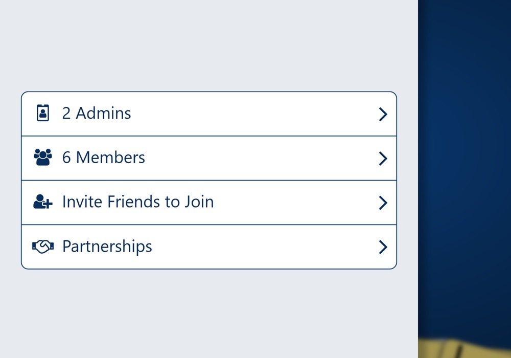 A zoomed-in screenshot of options to manage membership for a club in Trickster Cards. Listed options include managing admins, members, inviting friends, and configuring regular partnerships.