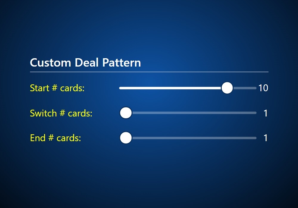 A zoomed-in screenshot of the 'Custom Deal Pattern' controls for Oh Hell in Trickster Cards. Displayed are sliders for choosing the starting number of cards, the number of cards to switch at, and the ending number of cards.