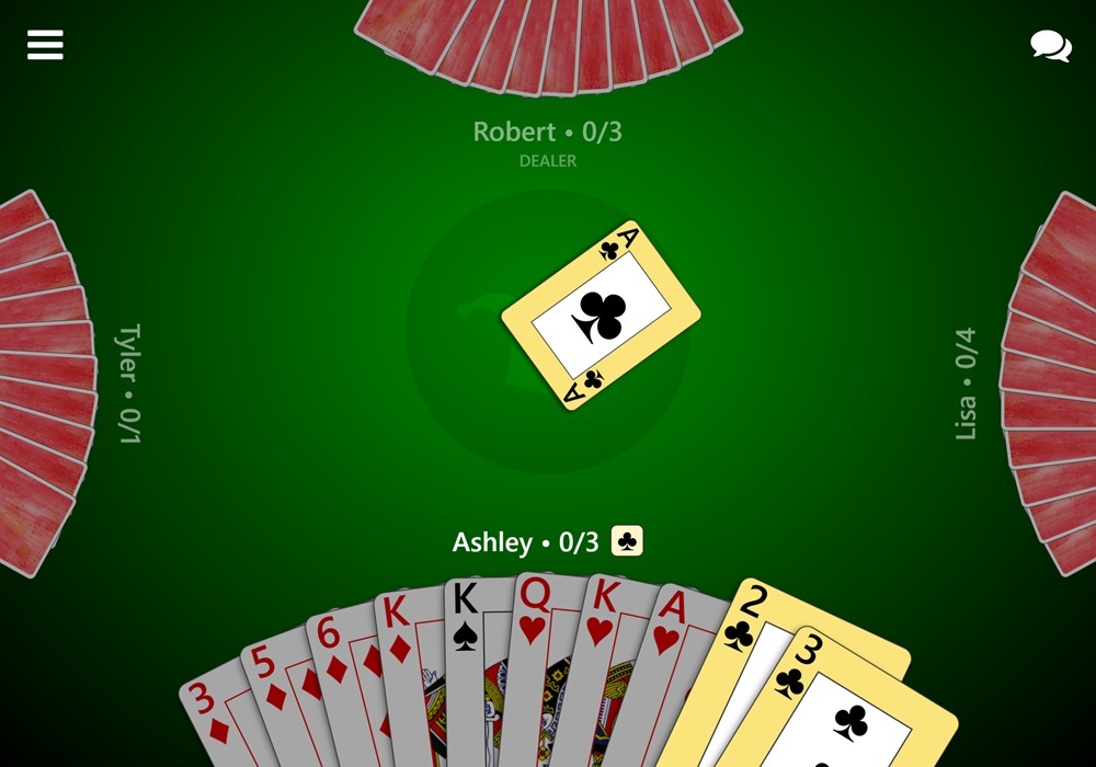 A screenshot of a game of Oh Hell in Trickster Cards. The player to the right led the Ace of Clubs, which is trump. The local player is choosing which Club to follow suit with.