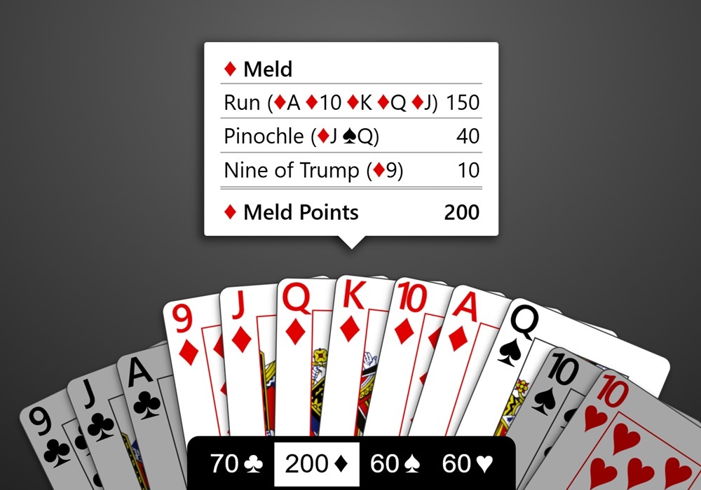 A zoomed-in screenshot of the meld preview for Pinochle in Trickster Cards. The player has selected to preview the melds if Diamonds were trump. The preview shows the player would meld a Run, Pinochle, and Nine of Trump.