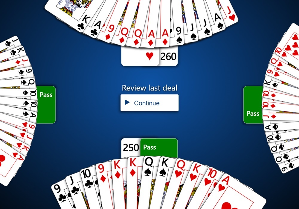 Screenshot of reviewing the previous Pinochle hand in Trickster Cards in a game with the 'Review Last Deal' option enabled. All hands are shown face-up and the history of bids, including the chosen trump suit, are displayed.