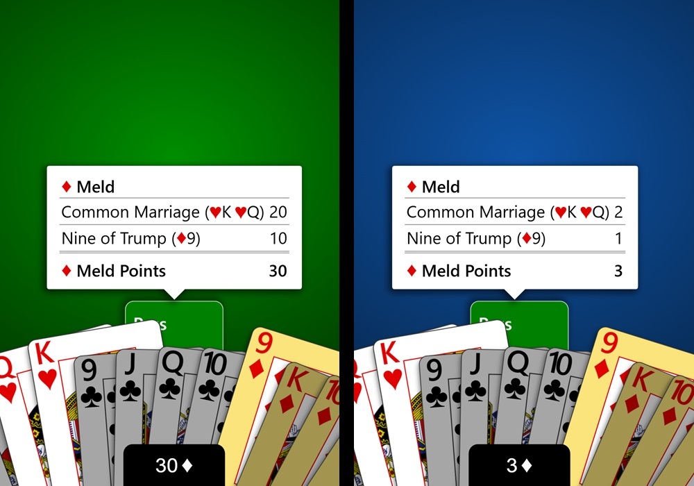 A split screenshot of a Pinochle meld preview in Trickster Cards. On the left the melds are counted by 10s using classic scoring and on the right the melds are counted by 1s using modern scoring.