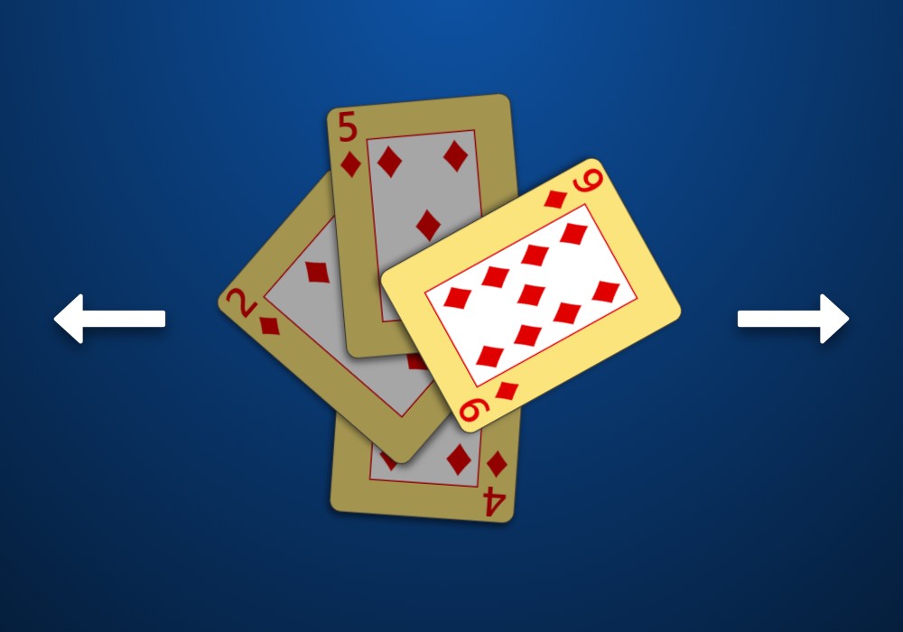 Screenshot of a trick in a game of Pitch where Diamonds is trump, the Two of Diamonds was played, and the trick is being taken by the Nine of Diamonds. Arrows are shown pointing toward the player of the Two of Diamonds and toward the player of the Nine of Diamonds to question who should get the point for low.