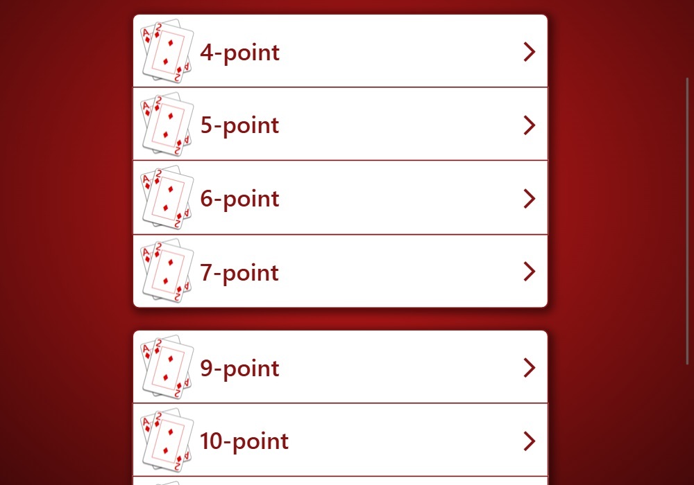 Screenshot of the versions of Pitch offered by Trickster Cards. Displayed are 4-point, 5-point, 6-point, 7-point, 9-point, and 10-point. Not displayed are 11-point and 13-point as they are below the current scroll position