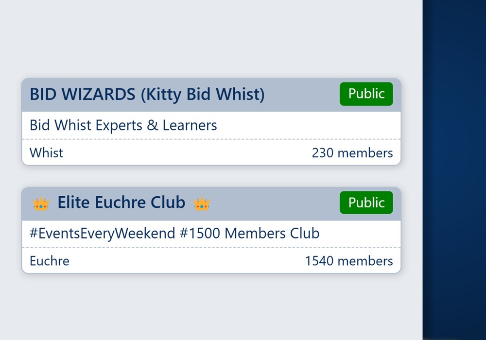 A zoomed-in screenshot of two clubs in the public directory of Trickster Cards. Clubs can choose to list publicly to help new players discover them and grow their membership.