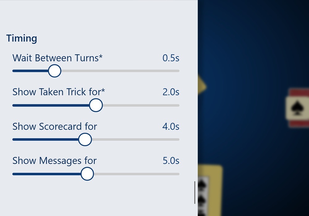 A zoomed-in screenshot of the timing settings in Trickster Cards. Options to adjust the wait between turns, how long to show taken tricks, how long to display the scorecard, and how long messages should appear for are presented.